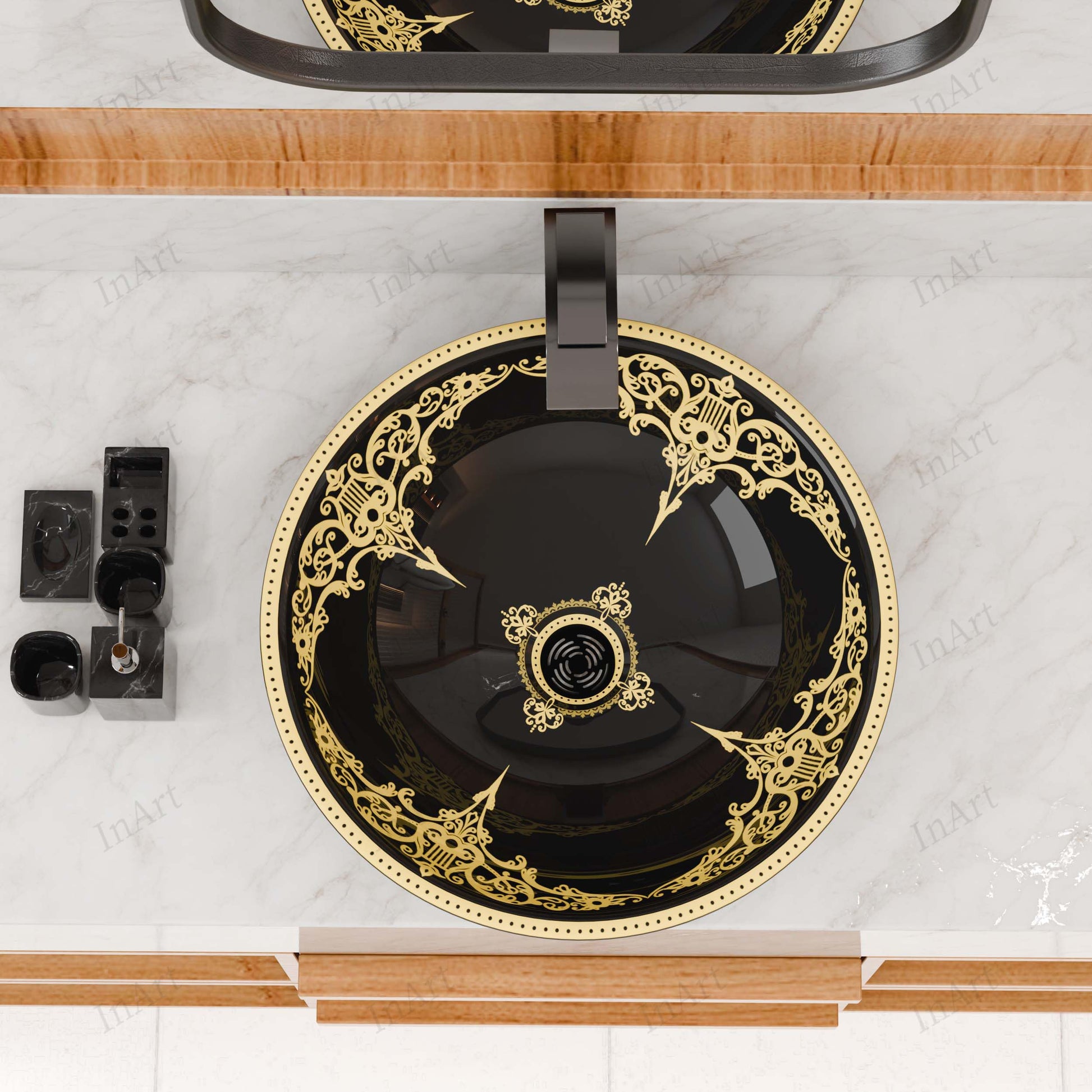 Detail of smooth rim and drain opening on round ceramic countertop vessel sink bowl, black gold