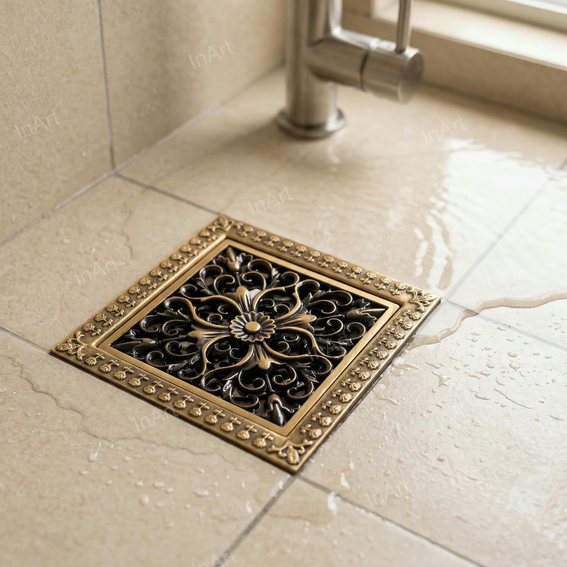 InArt 12 x 4 Inch Square Brass Shower Drain Channel with Removable Grate, additional product view 4