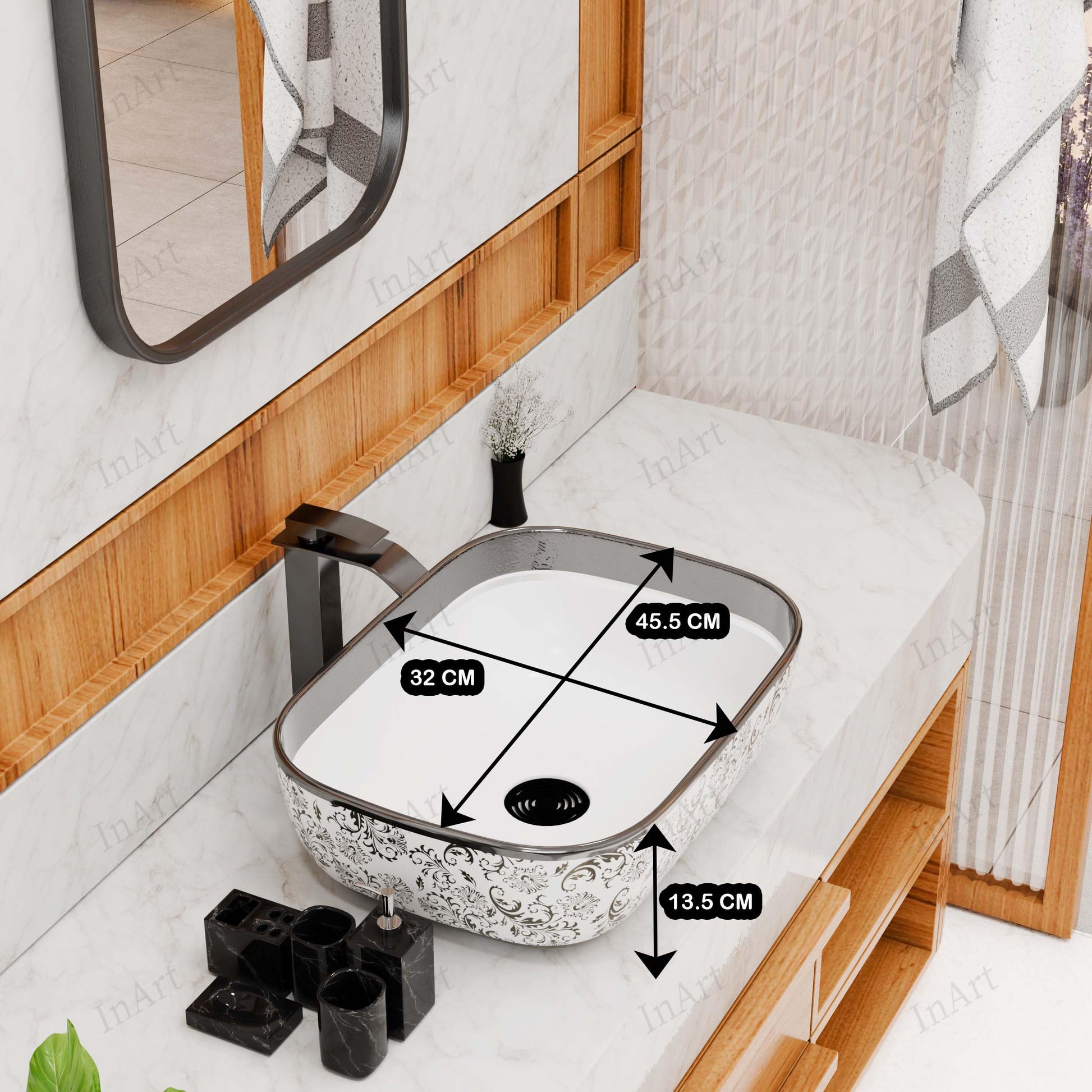 Small rectangular vessel sink dimensions view, 45.5 x 32 x 13.5 cm silver white ceramic basin