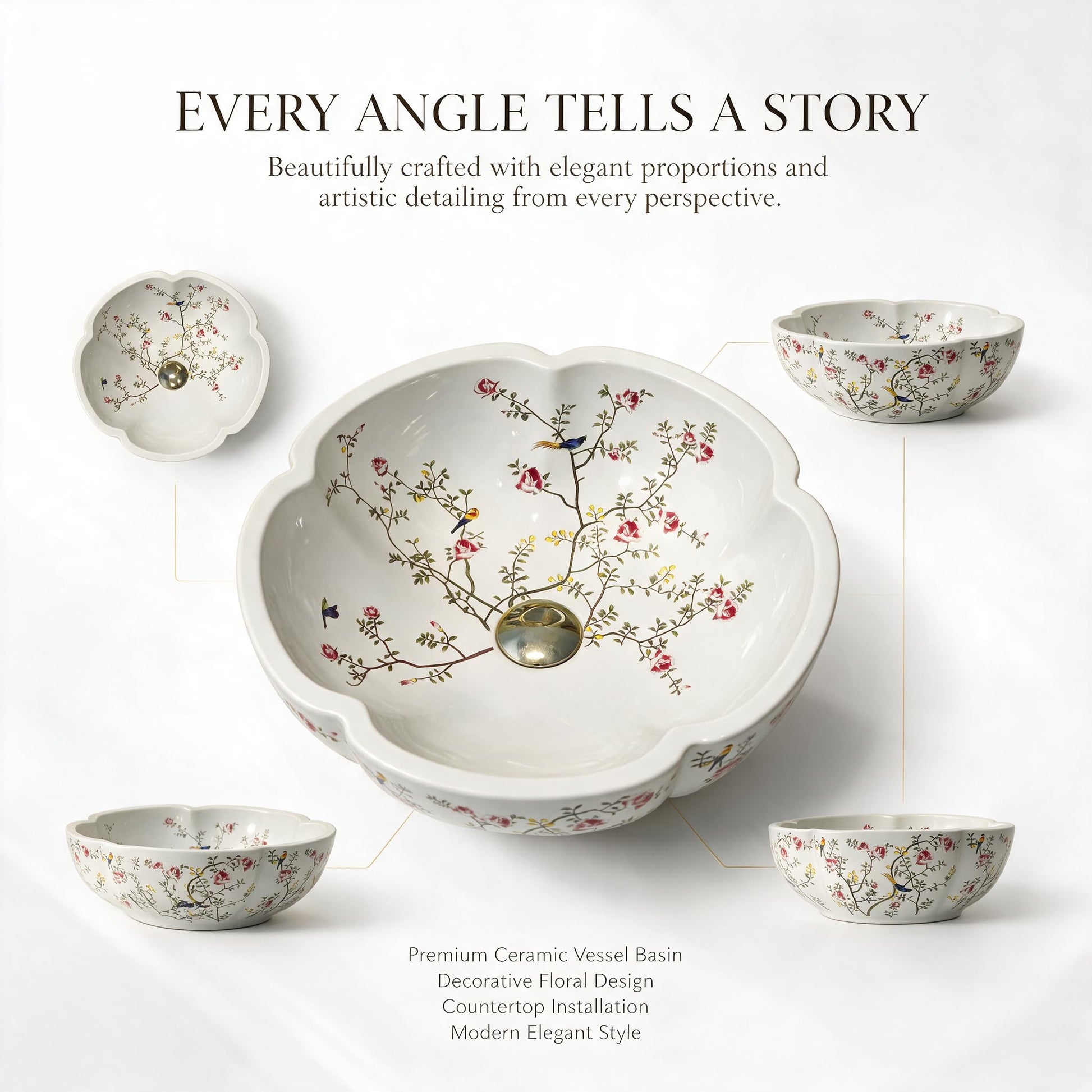 White and Multicolor Flower-Shaped Round Ceramic vessel bathroom sink, additional product view 8