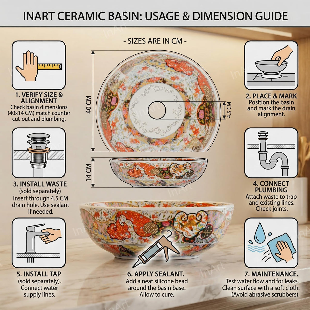 InArt Glossy Moroccan Ceramic Round Vessel Sink – Decorative Pattern, 15.75", additional product view 6