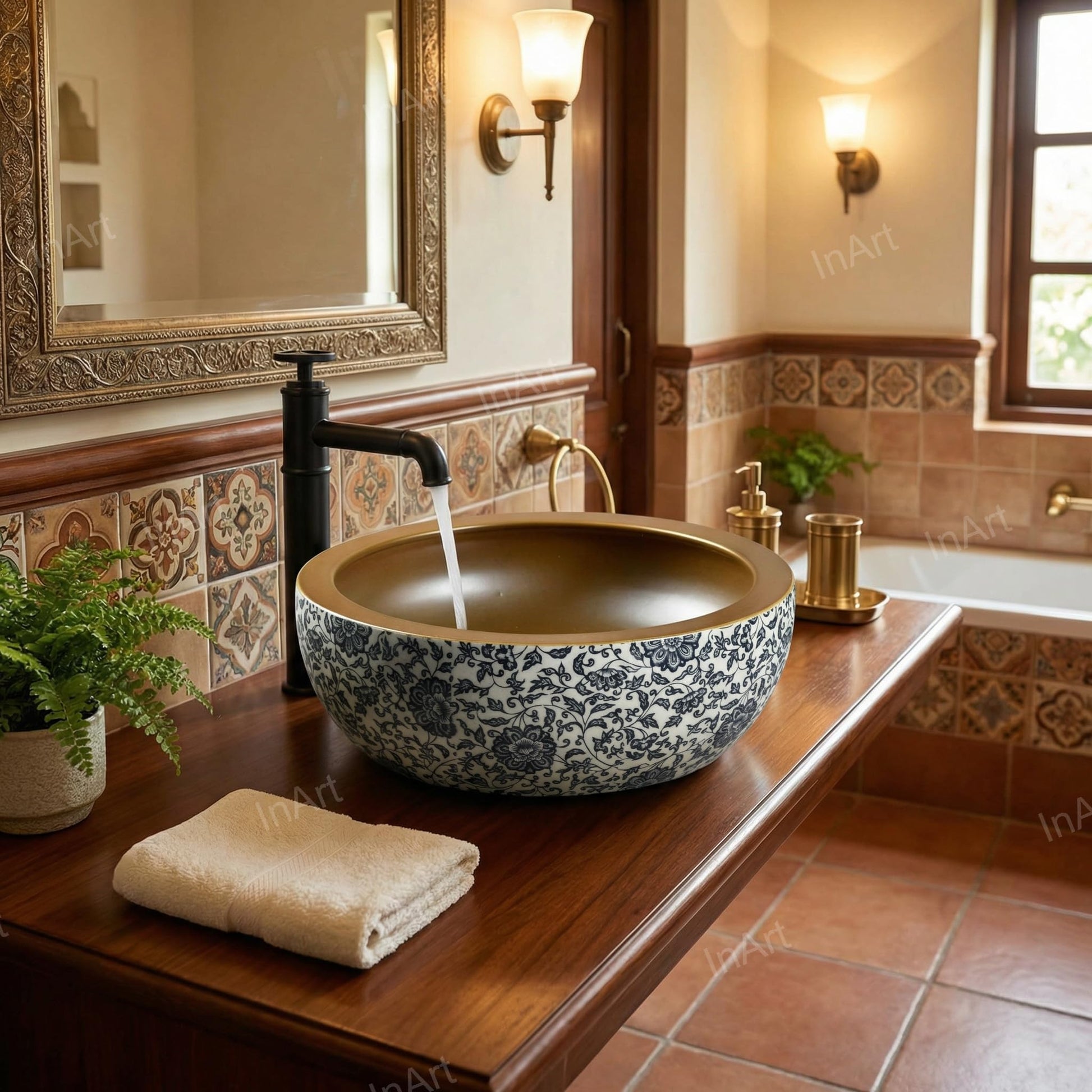 Bathroom ceramic basin close-up of glossy glazed multicolor Moroccan design on square ceramic vessel sink