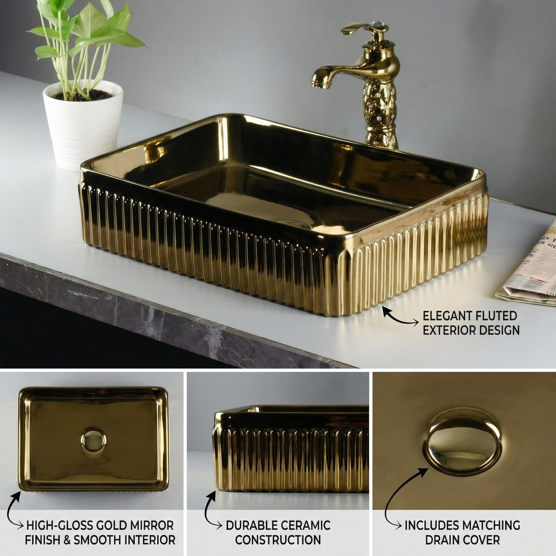 InArt Modern Gold Ceramic Vessel Sink – 19" x 13" Rectangular Countertop Bathroom Vanity Basin DW272, additional product view 6