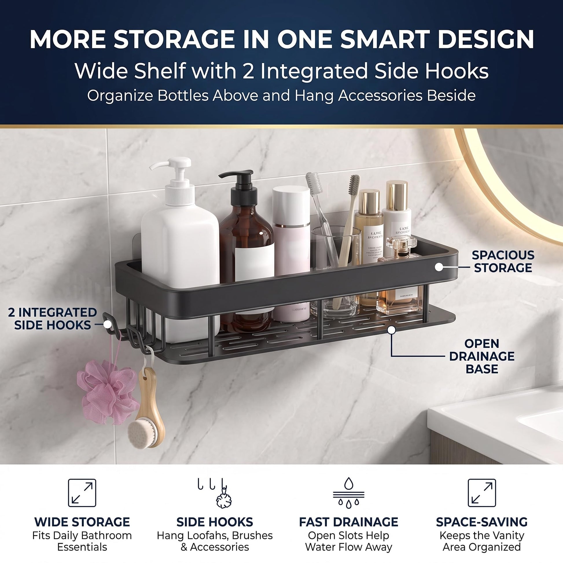 Two rectangular aluminum bathroom shelves with hanging hooks