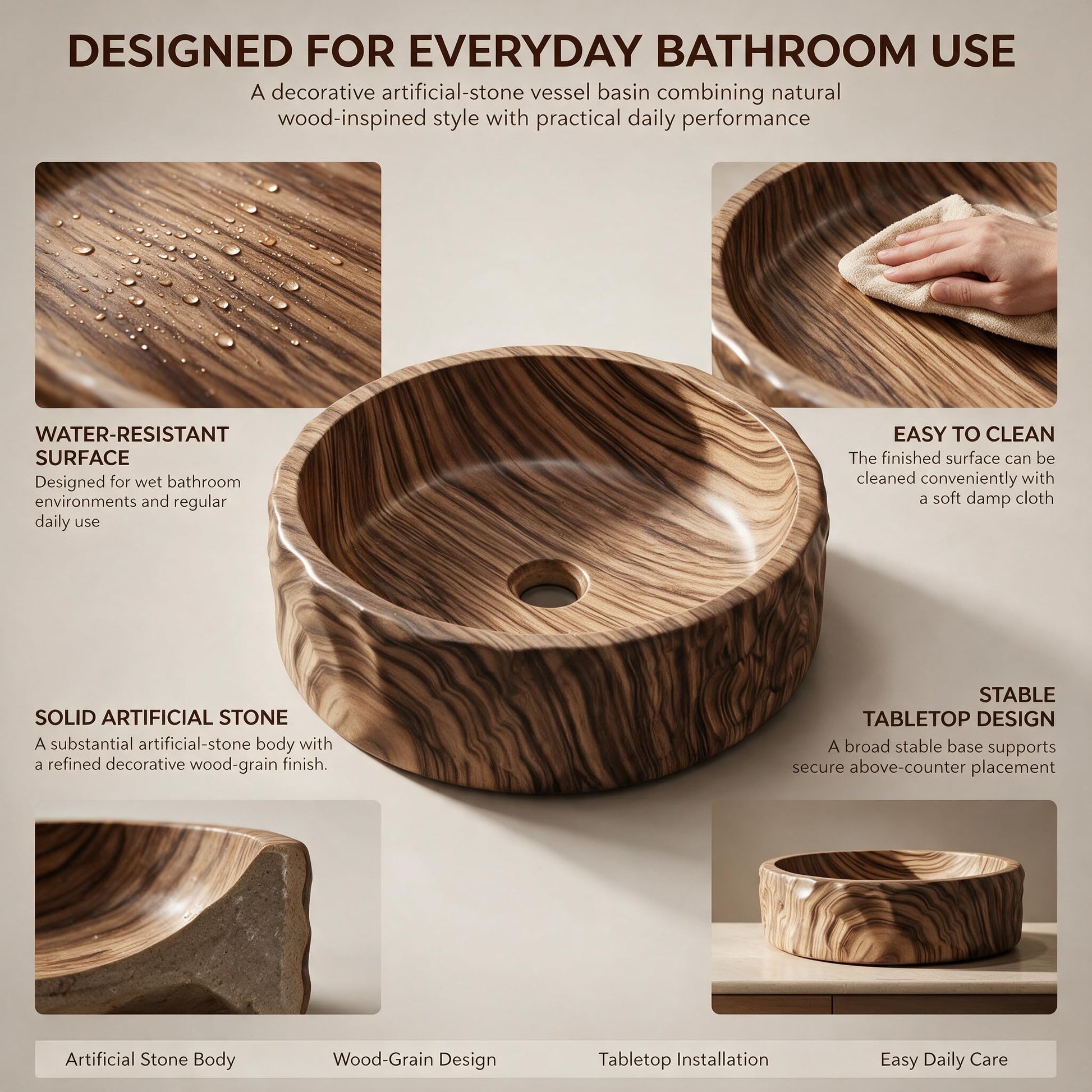 Wood Brown Round Artificial Stone vessel bathroom sink, additional product view 5