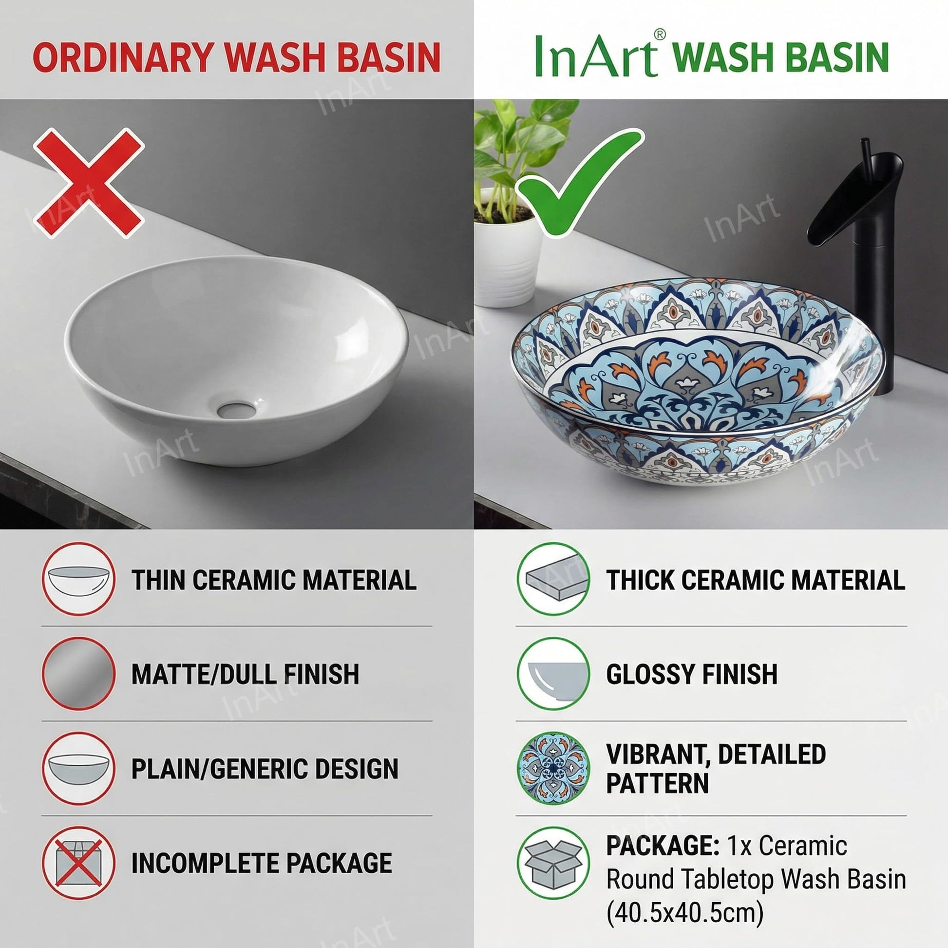 InArt mexican sink bowl detail, round ceramic bowl bathroom sink with glossy blue finish