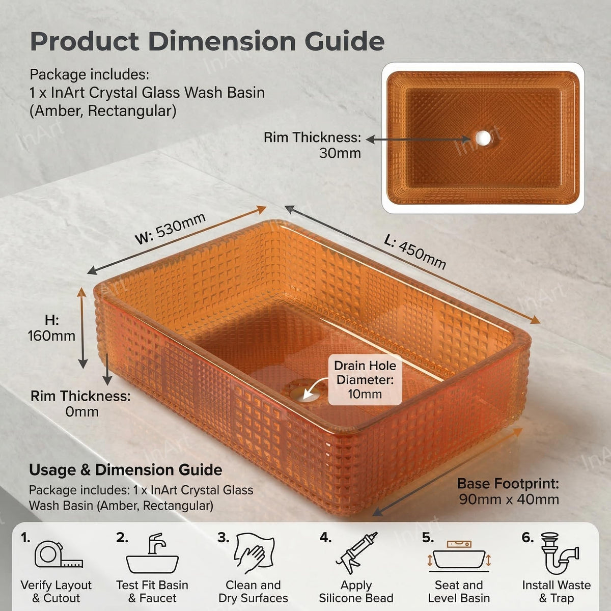 InArt Rectangular Crystal Glass Vessel Sink for Countertop Bathrooms, 18.1 Inch, additional product view 6