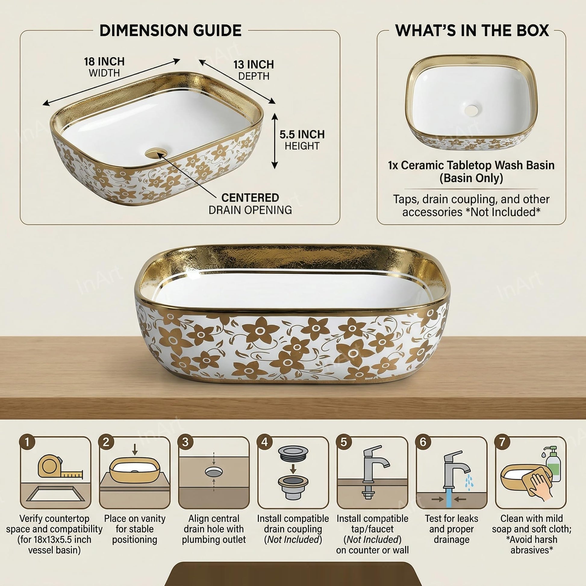 Bathroom countertop basin installed on vanity, oval ceramic vessel sink in glossy white with gold
