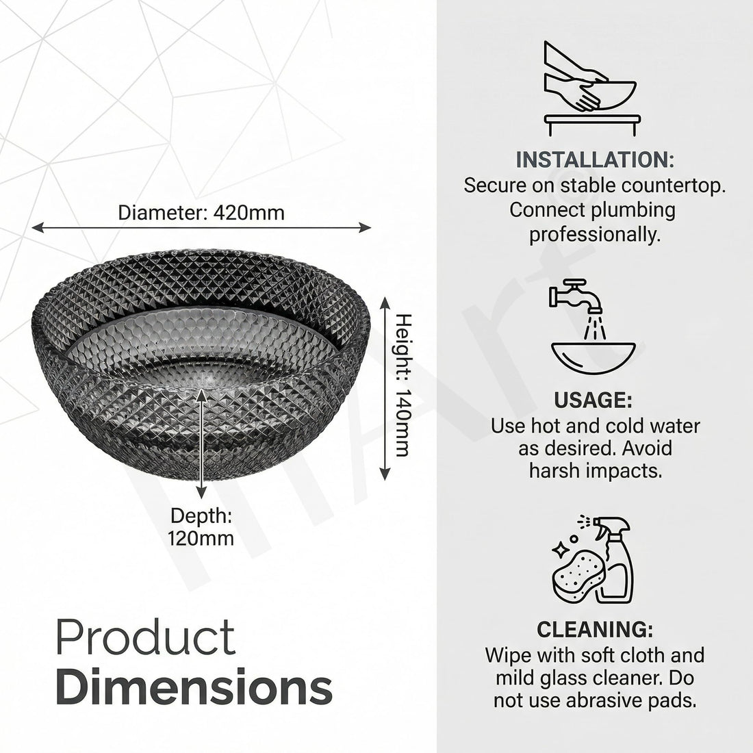 InArt Black Faceted Crystal Glass Vessel Sink for Countertop Bathrooms, 13.4 Inch