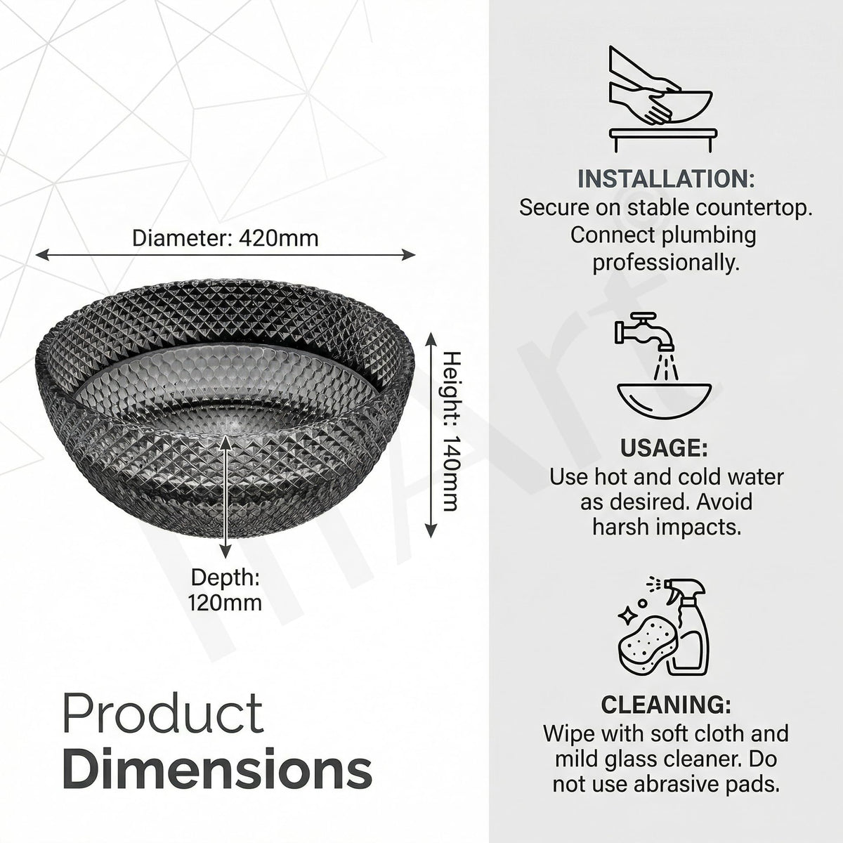 InArt Black Faceted Crystal Glass Vessel Sink for Countertop Bathrooms, 13.4 Inch, additional product view 2