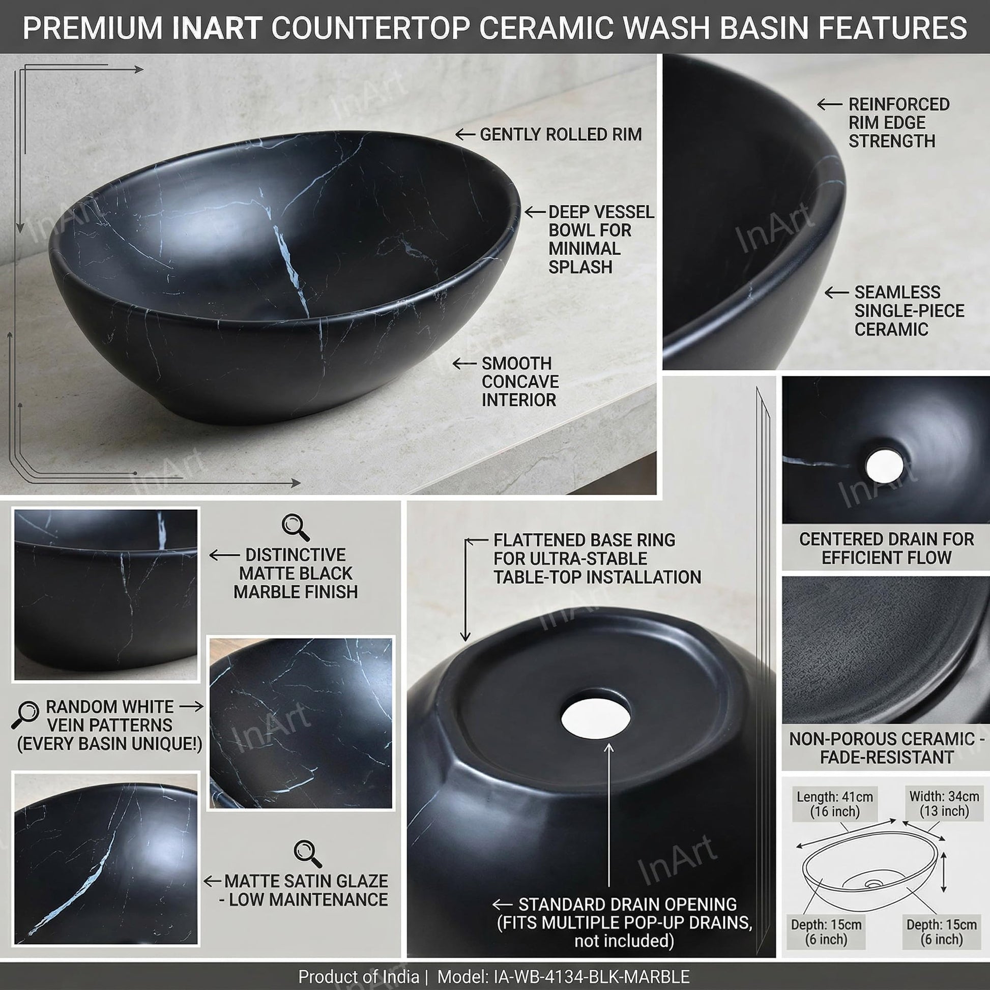 Matte black ceramic vessel sink, rectangular shape countertop basin shown from side angle