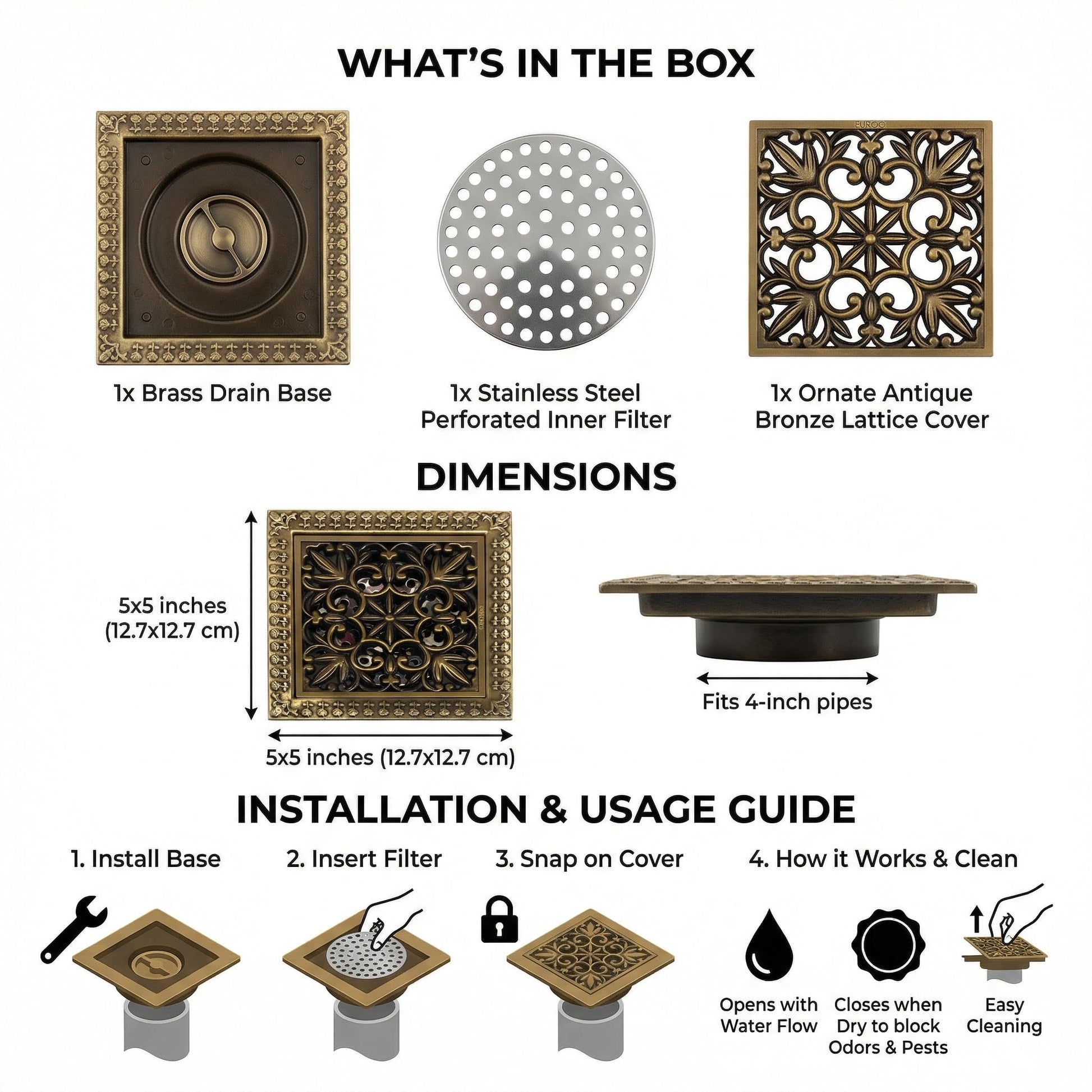 InArt 12 x 4 Inch Brass Shower Floor Drain Channel with Removable Grate, additional product view 6