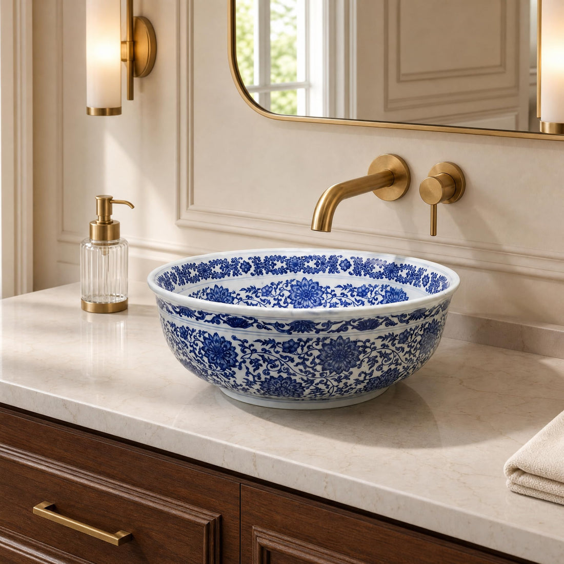 White and Cobalt Blue Round Porcelain Ceramic vessel bathroom sink