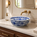 White and Cobalt Blue Round Porcelain Ceramic vessel bathroom sink