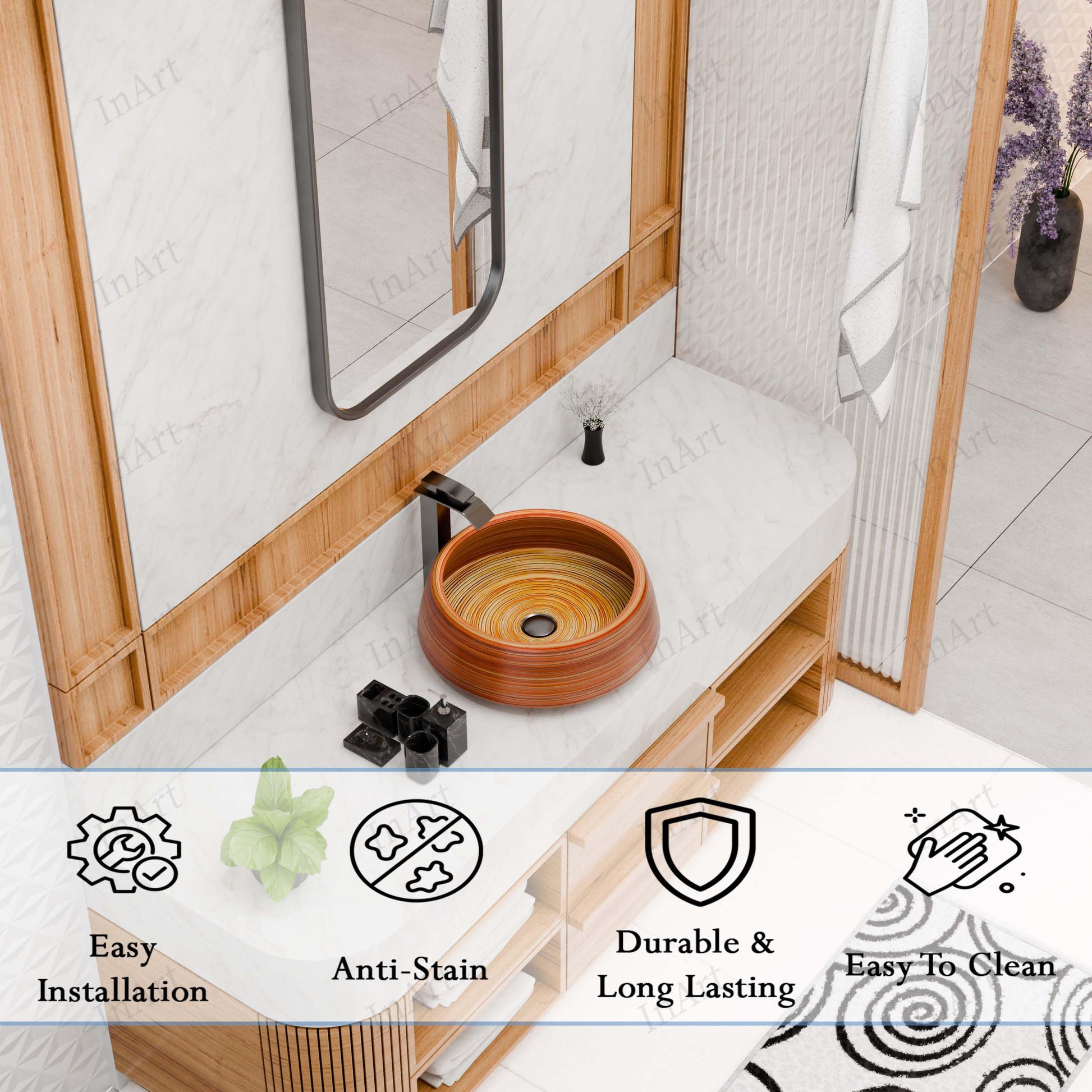 InArt Wood-Grain Glossy Ceramic Round Vessel Sink – Above Counter, 16.5" Bathroom Bowl, additional product view 4