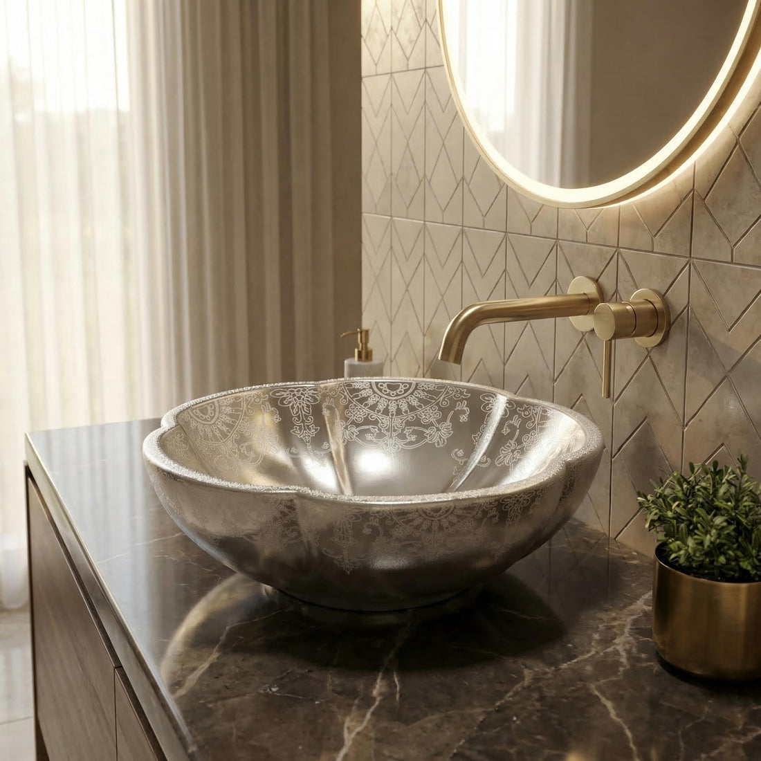 InArt Silver Ceramic Round Vessel Sinks – Moroccan Pattern, 16.5" Above-Counter