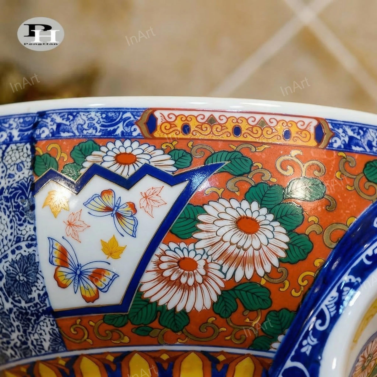 InArt Glossy White Ceramic Round Vessel Sink – Mexican Style Pattern, 16.5", additional product view 5