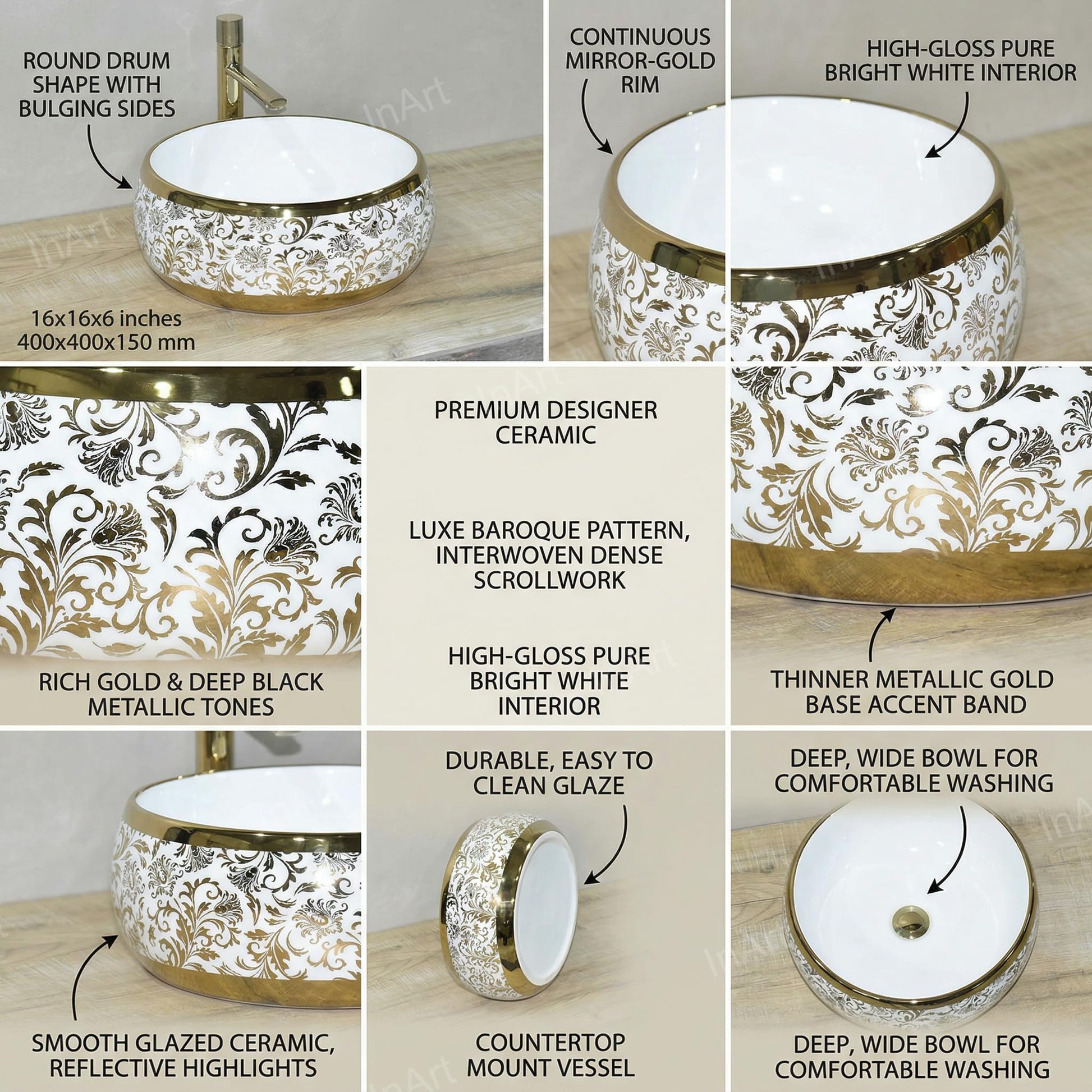 White and Gold Round Ceramic vessel bathroom sink, additional product view 3