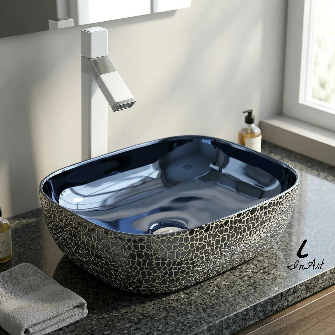 Blue Rectangular Ceramic vessel bathroom sink