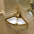 InArt Ceramic Corner Wall Hanging /Wall Mount/Counter Top Wash Basin Bathroom Sink For Lavatory Golden White Color 33 x 33 x 13 Cm