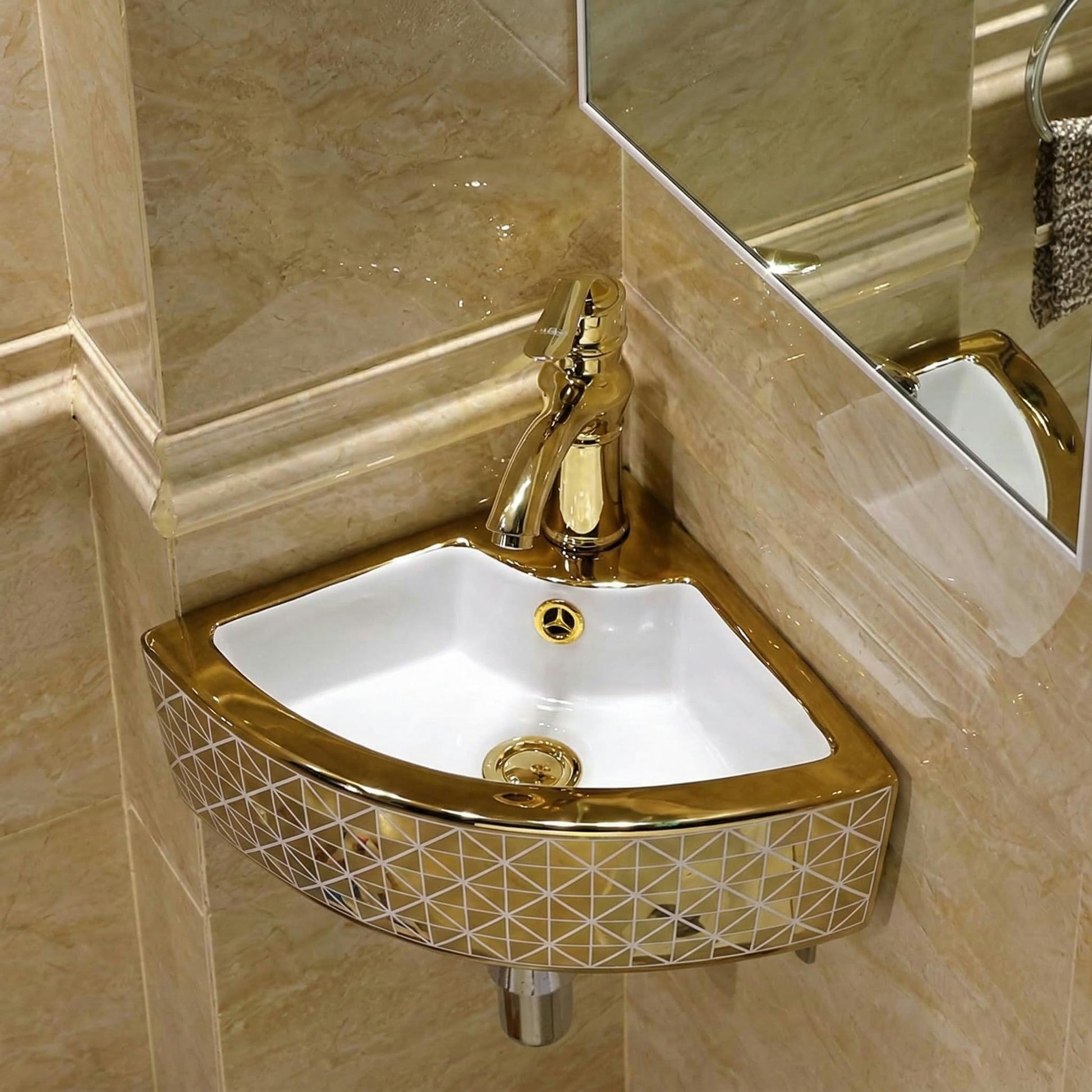 InArt Ceramic Corner Wall Hanging /Wall Mount/Counter Top Wash Basin Bathroom Sink For Lavatory Golden White Color 33 x 33 x 13 Cm