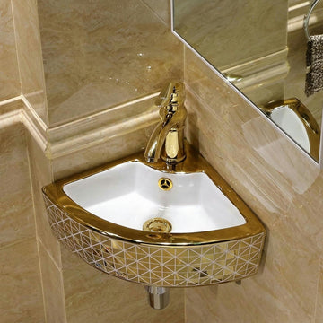 InArt Ceramic Corner Wall Hanging /Wall Mount/Counter Top Wash Basin Bathroom Sink For Lavatory Golden White Color 33 x 33 x 13 Cm