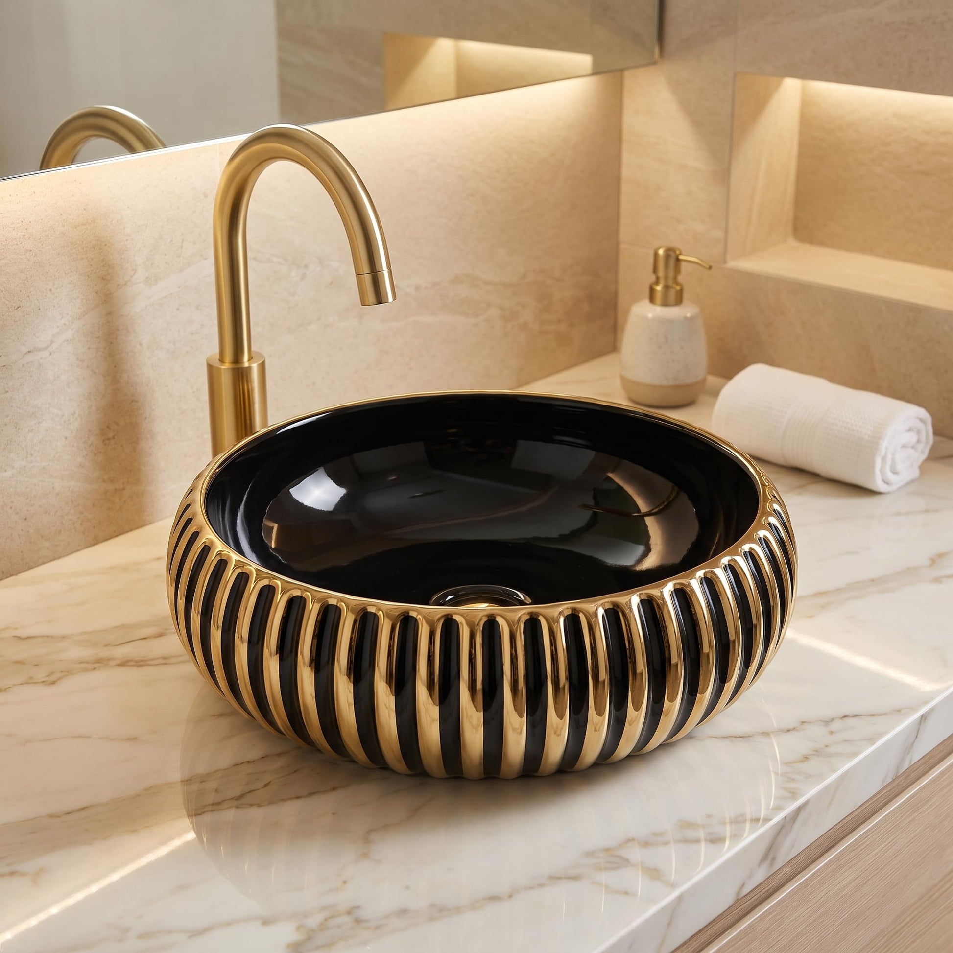 Black and Gold Round Ceramic vessel bathroom sink