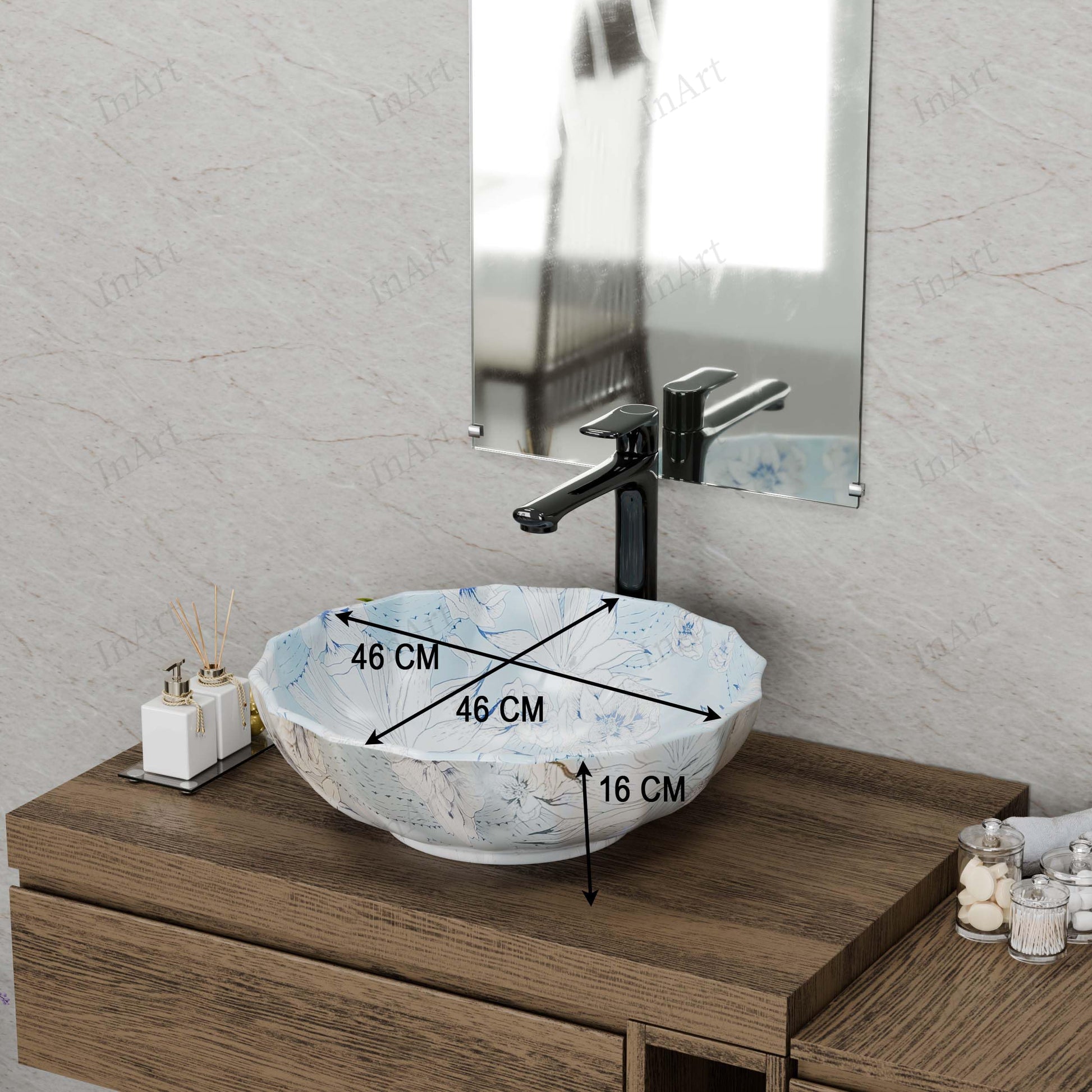 Vessel sink on vanity top, angled view of round ceramic light blue glossy bath bowl sink