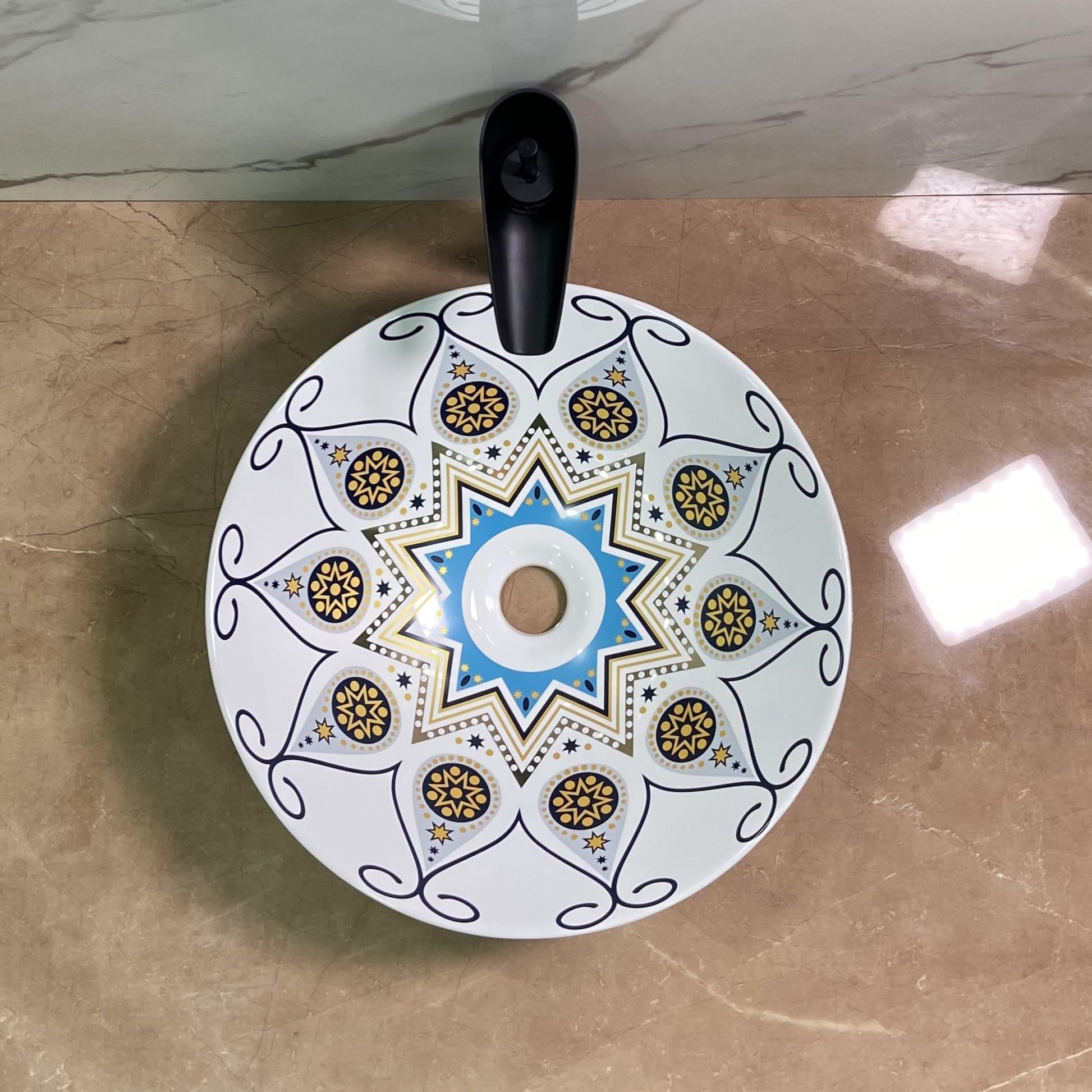 InArt talavera sink in bathroom vanity setting, round ceramic vessel sink with blue yellow Mexican tile look