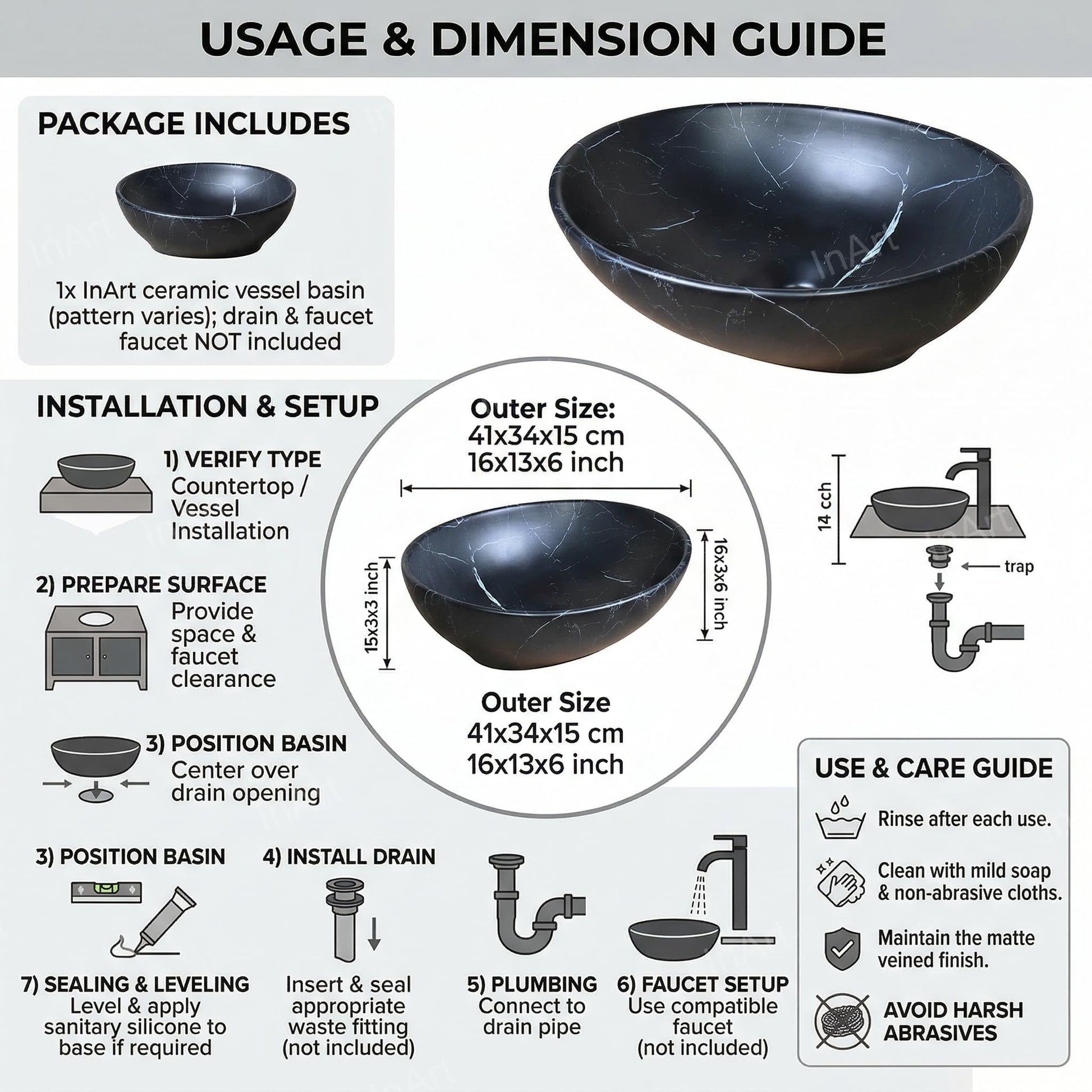 Modern matte black bathroom sink on vanity, rectangular ceramic vessel basin with faucet hole