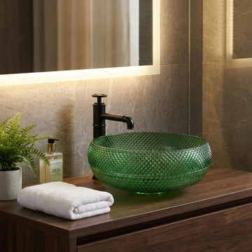InArt Green Glass Round Vessel Sink – Diamond-Cut Faceted Bowl, 16.5"