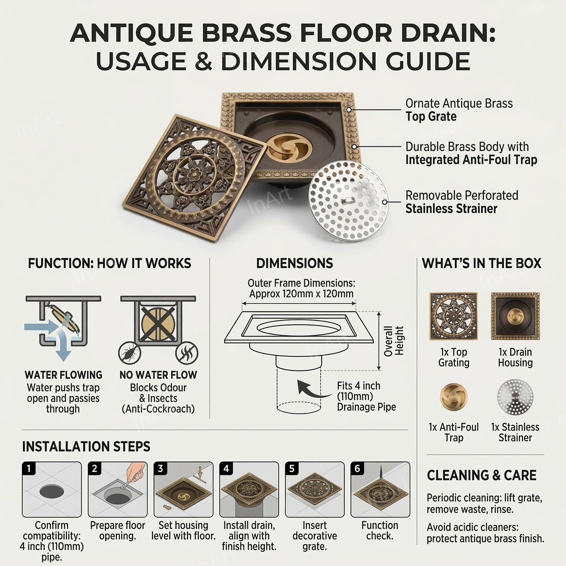 InArt 12 x 4 Inch Square Brass Bathroom Floor Drain with Strainer Grate, additional product view 6