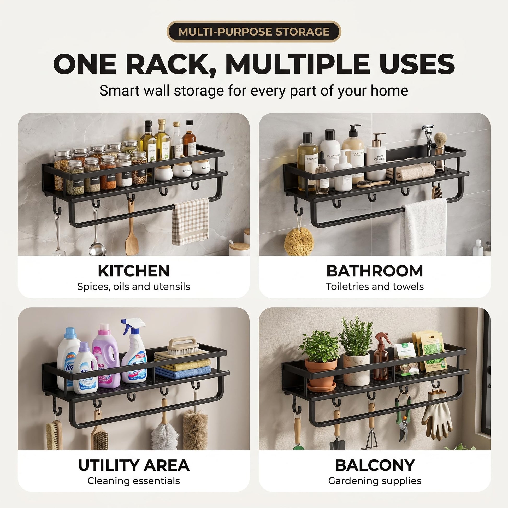 Aluminum spice rack with raised guard rail and open shelf base
