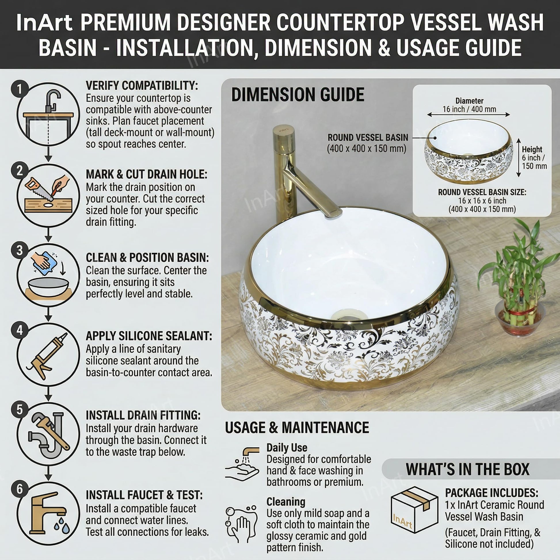 White and Gold Round Ceramic vessel bathroom sink, additional product view 6