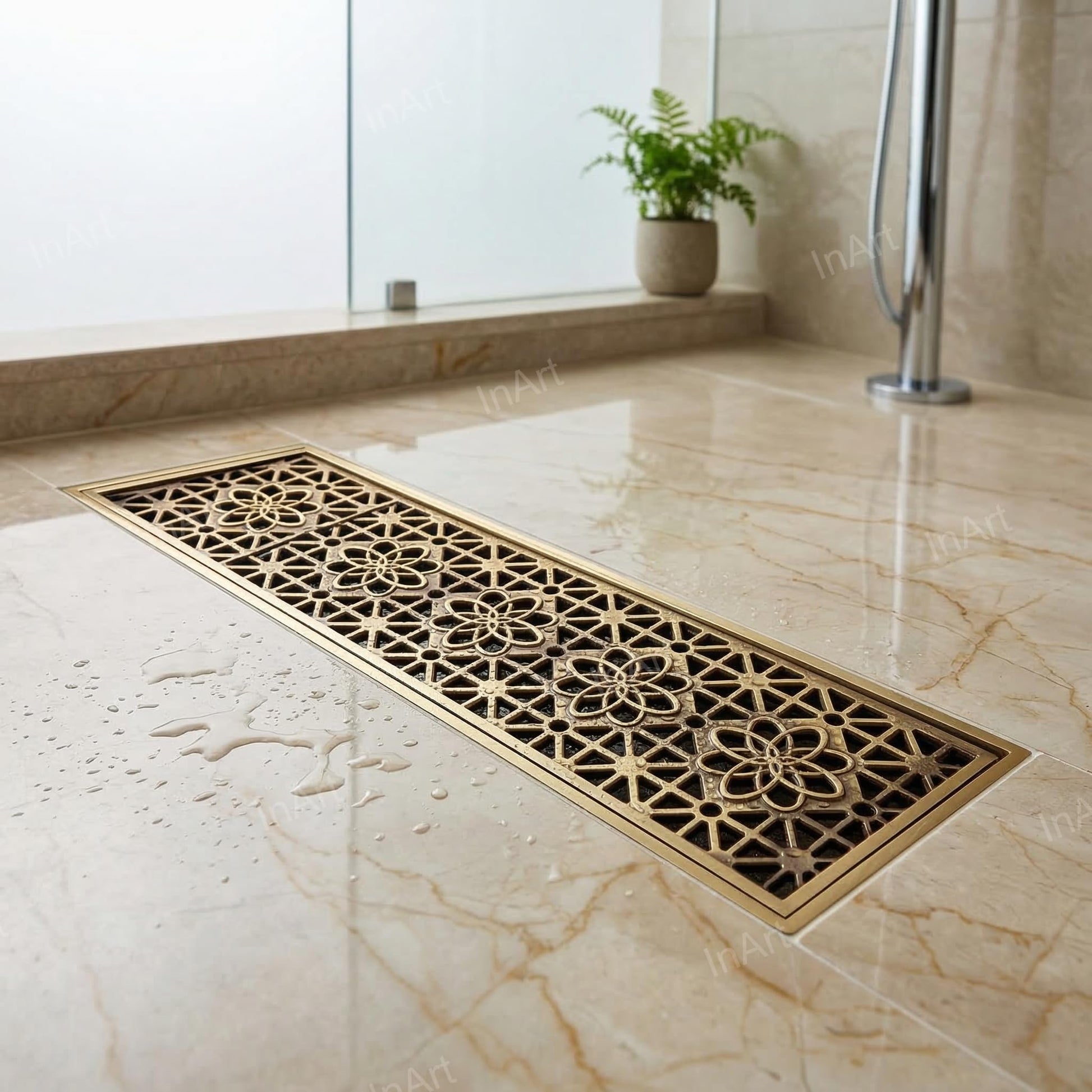 InArt 12 x 4 Inch Square Brass Shower Drain with Removable Strainer Grate, additional product view 4