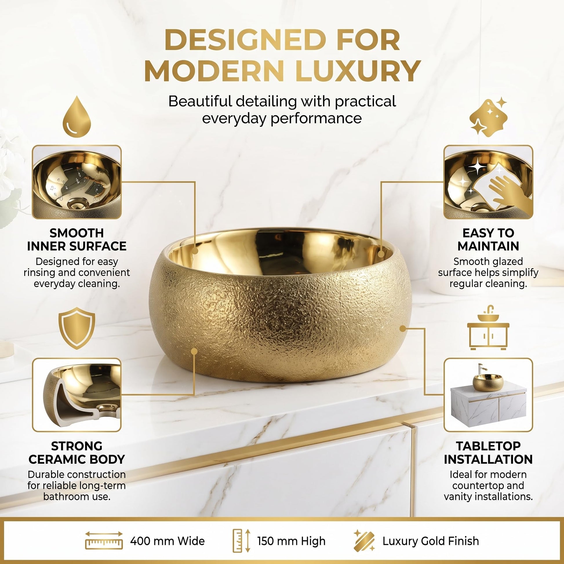 InArt Round Bathroom Ceramic Vessel Sink Art Basin in Gold Color, additional product view 3