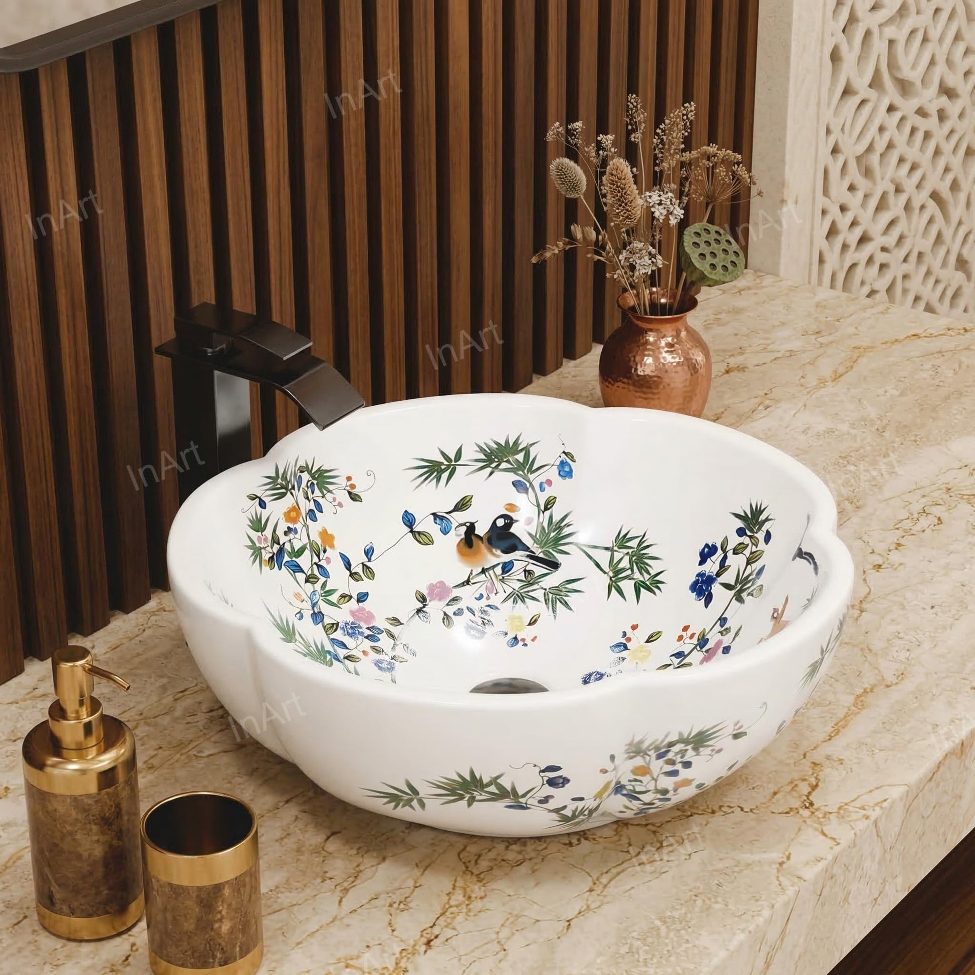 InArt Vessel Sinks for Bathroom – Glossy White Ceramic Round, Scalloped Rim 16.5", additional product view 4