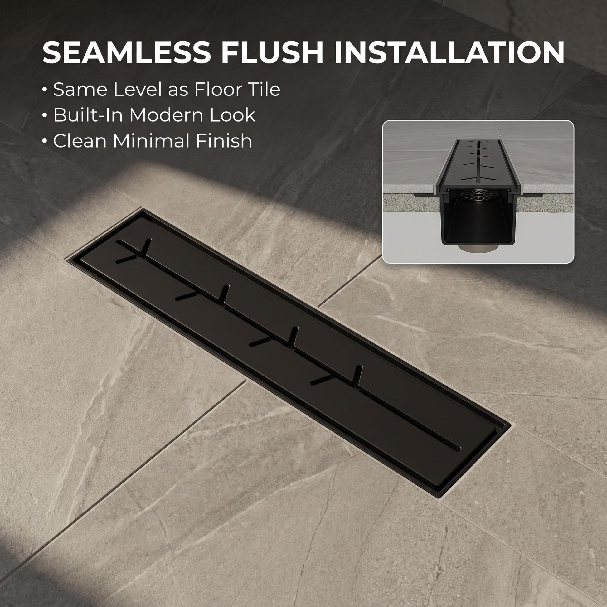 12-inch matte black linear drain dimensions and profile