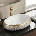 Vessel sinks for bathroom - InArt oval ceramic vessel sink, glossy white with gold rim, 24x16