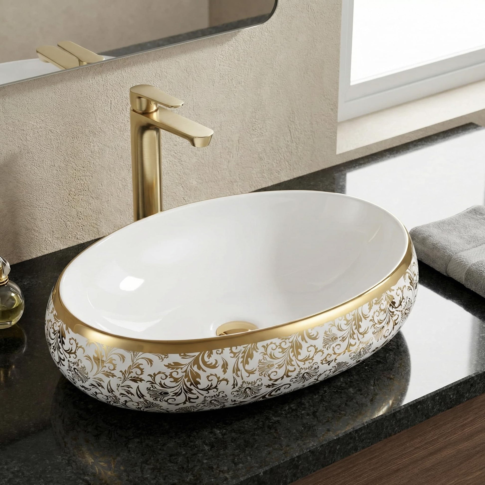 Vessel sinks for bathroom - InArt oval ceramic vessel sink, glossy white with gold rim, 24x16