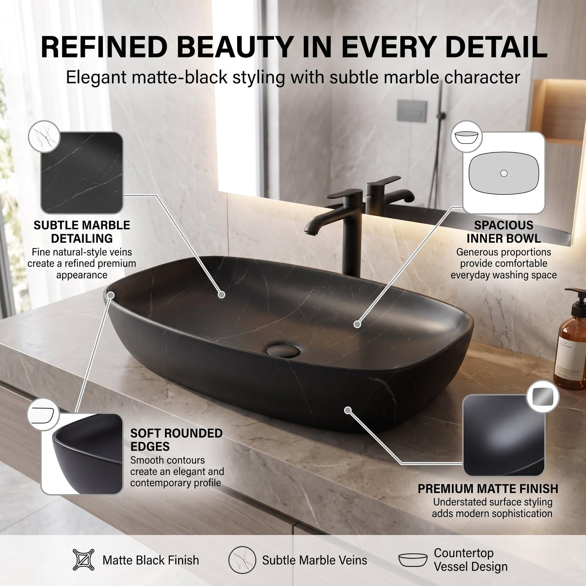 Black Rectangular Ceramic vessel bathroom sink, additional product view 4