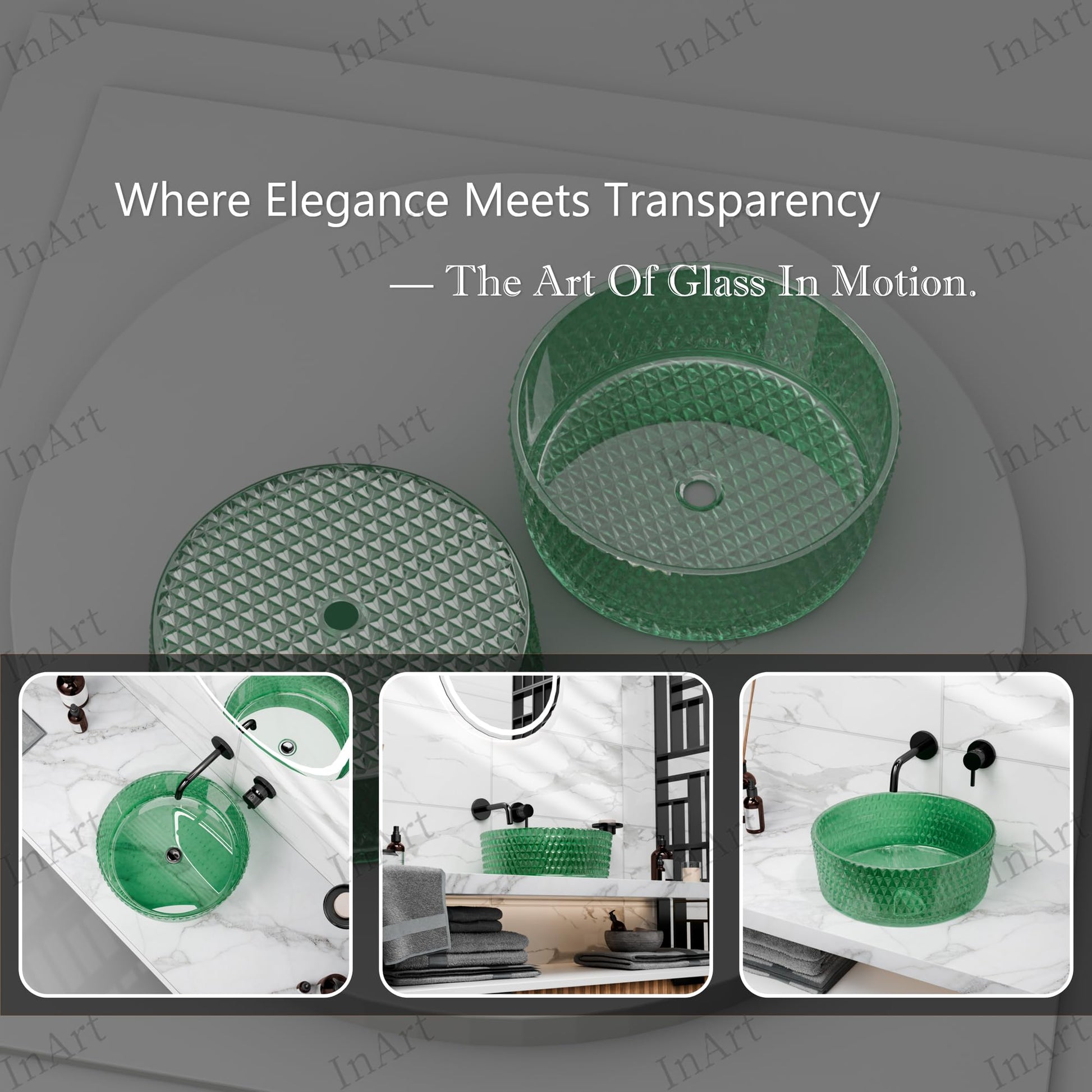 Close-up of green glass vessel sink surface, crystal glass look with reflective glossy finish