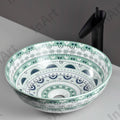 Lifestyle bathroom vanity setup with modern sink, round ceramic vessel sink in light blue