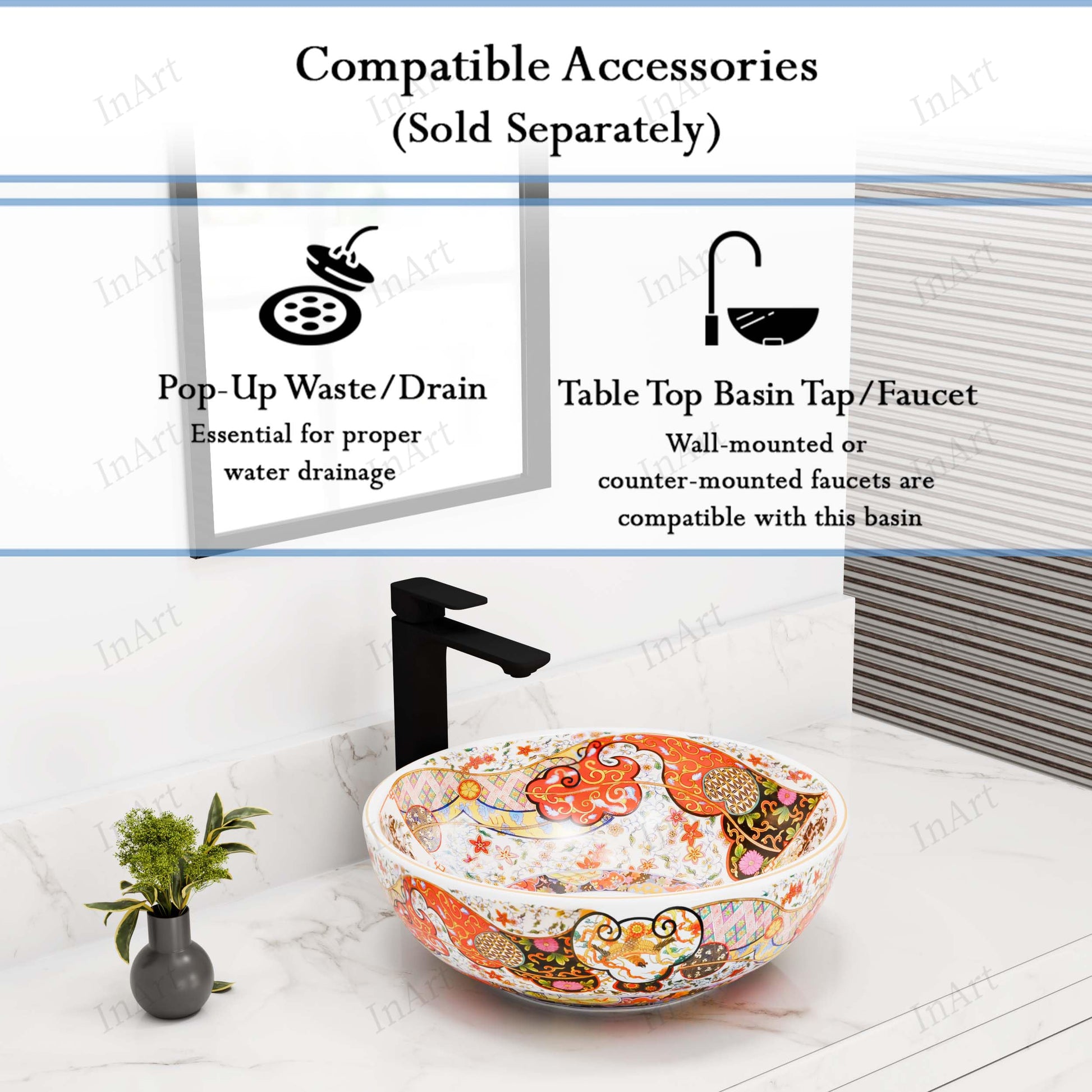 InArt Glossy Moroccan Ceramic Round Vessel Sink – Decorative Pattern, 15.75", additional product view 7
