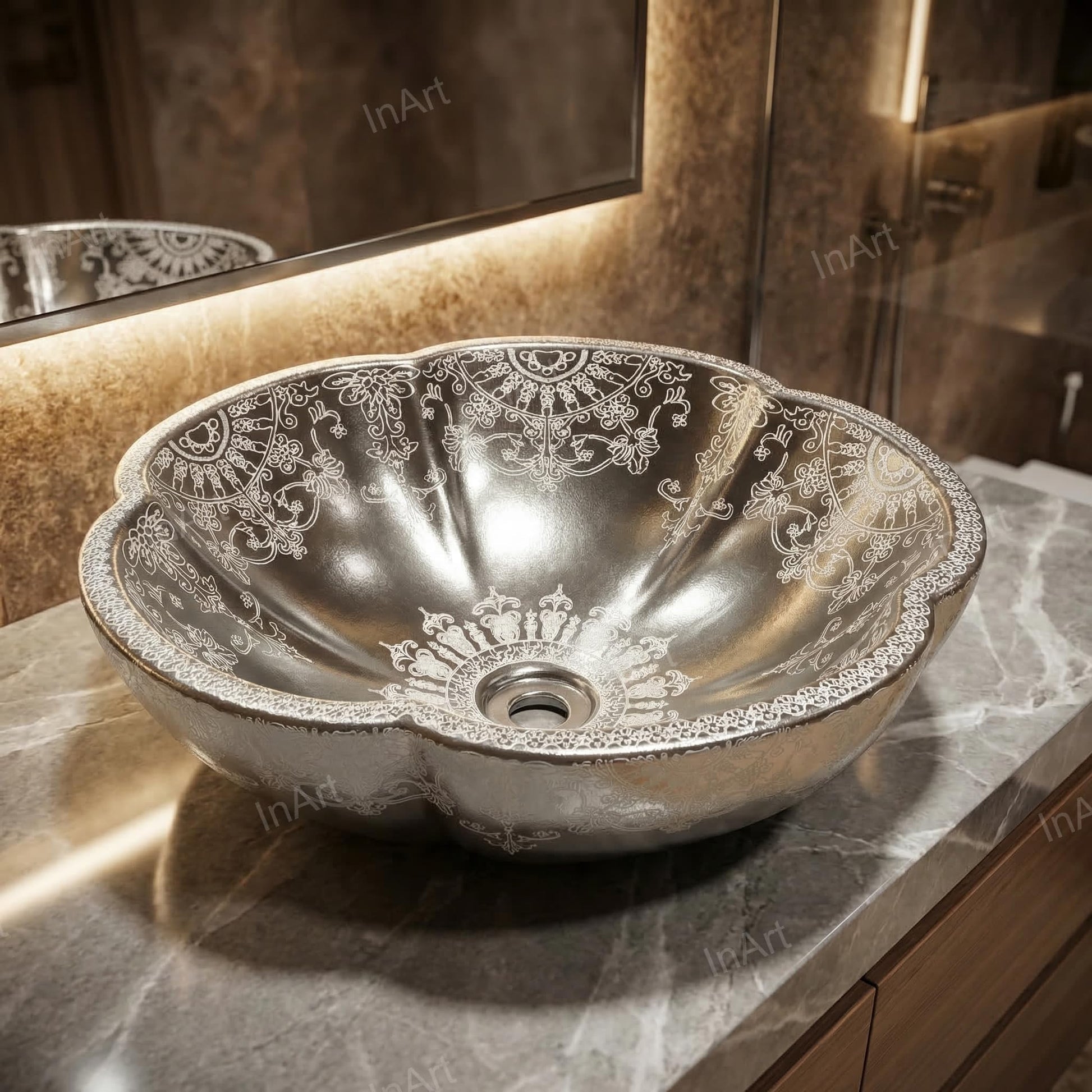 InArt Silver Ceramic Round Vessel Sinks – Moroccan Pattern, 16.5" Above-Counter, additional product view 5