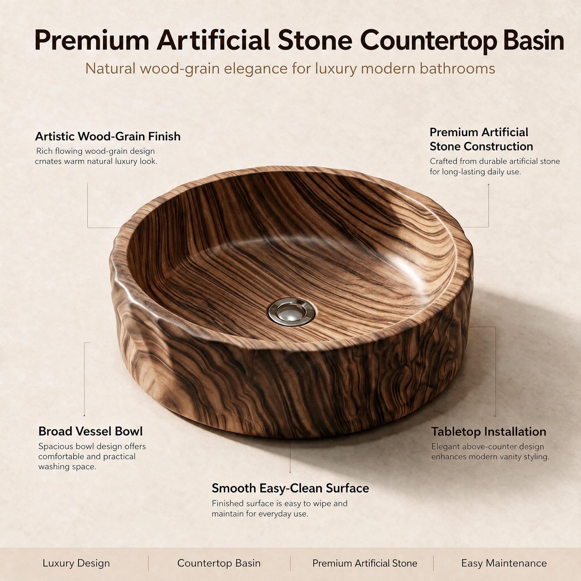 Wood Brown Round Artificial Stone vessel bathroom sink, additional product view 8