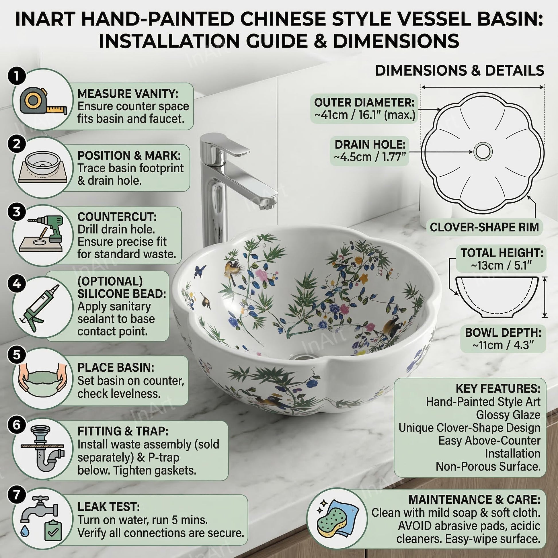 InArt Vessel Sinks for Bathroom – Glossy White Ceramic Round, Scalloped Rim 16.5", additional product view 6