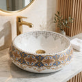 White, Royal Blue and Gold Round Ceramic vessel bathroom sink