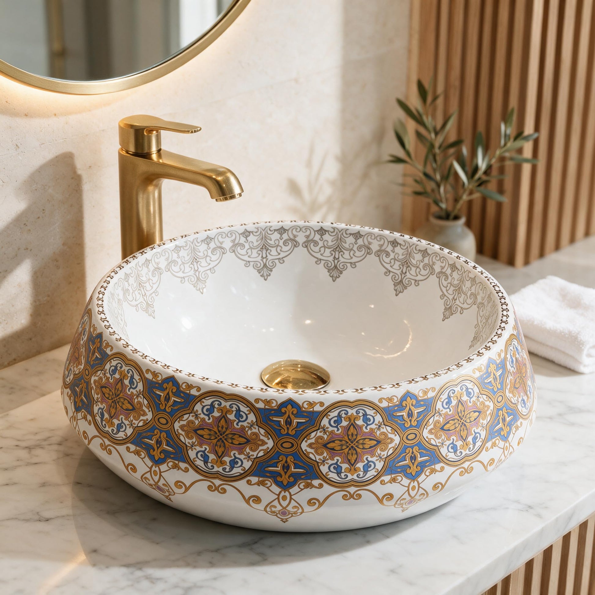 White, Royal Blue and Gold Round Ceramic vessel bathroom sink