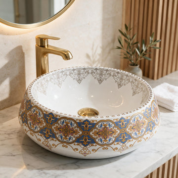 White, Royal Blue and Gold Round Ceramic vessel bathroom sink